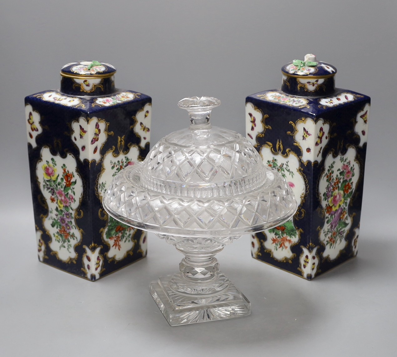 A pair of large Samson tea canisters in Worcester style and a 19th century cut glass bowl and cover, canisters 27 cms high